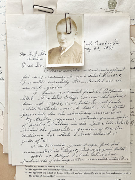 Collection of cover letters and printed applications for teaching positions in Blaine Township, PA, 1931-1932