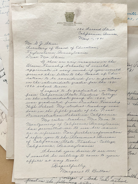 Collection of cover letters and printed applications for teaching positions in Blaine Township, PA, 1931-1932