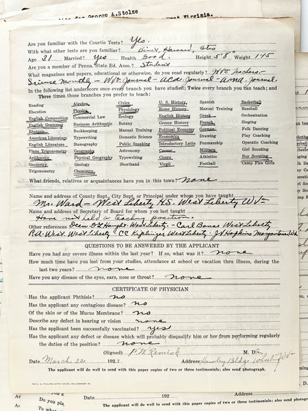 Collection of cover letters and printed applications for teaching positions in Blaine Township, PA, 1931-1932