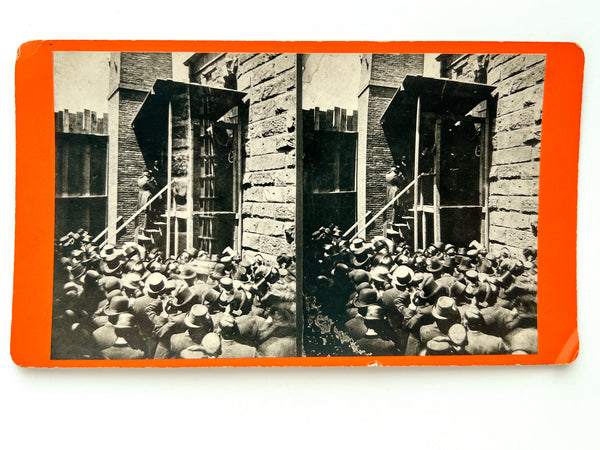 "Hanging in County Jail Yard, 1876" Stereograph of William Adin's execution for killing Barbara Adin (his wife), Hattie McKay (his stepdaughter), and Elizabeth Benton (her friend), in Cleveland on June 22, 1876