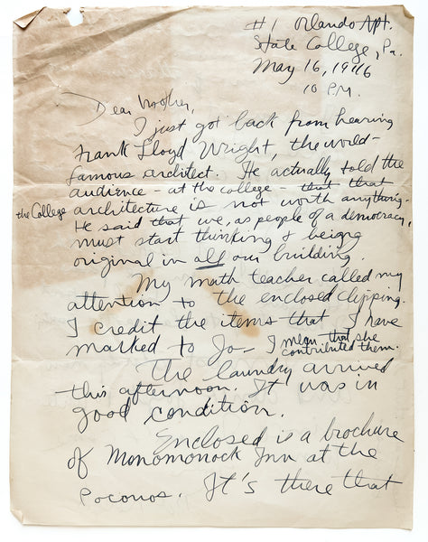 ALS mentioning a lecture at Penn State by Frank Lloyd Wright during which he disparages their campus architecture, 1946