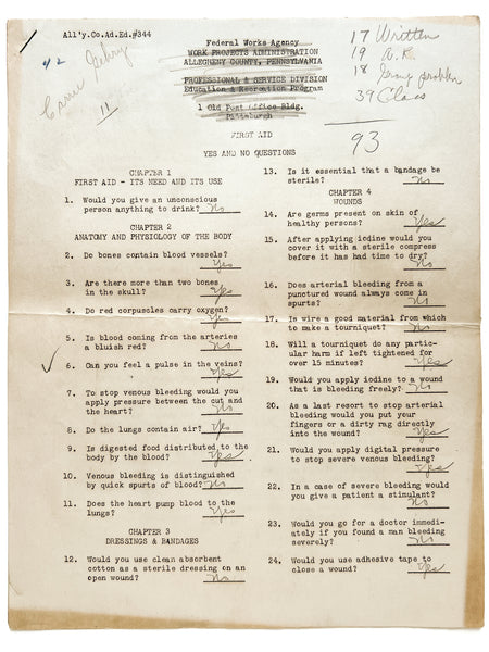 "First Aid Yes and No Questions" WPA worker safety First Aid exam