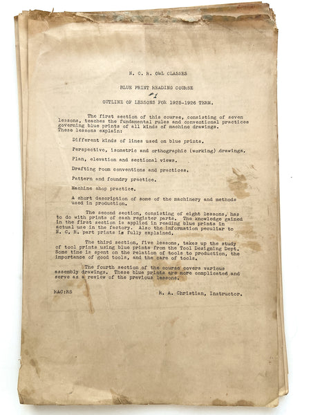 N.C.R. Owl Classes. Blue Print Reading Course, Outline of lessons for 1925-1926 Term (with lessons 1-11)