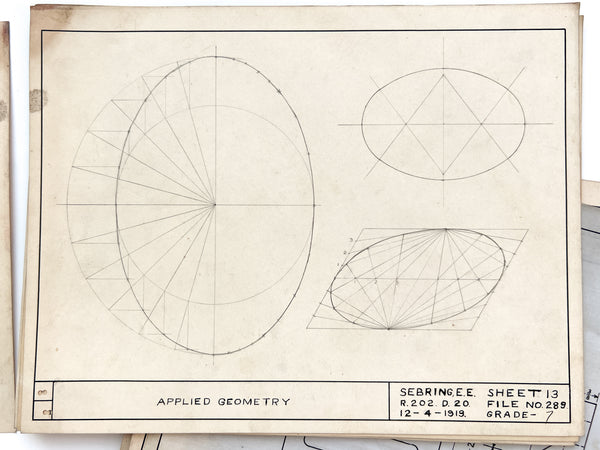 Collection of original drawings produced for mechanical drawing class, 1919-1920