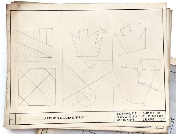 Collection of original drawings produced for mechanical drawing class, 1919-1920