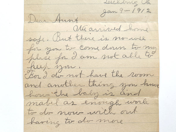 1912 letter from a new father begging his Aunt to please not come visit