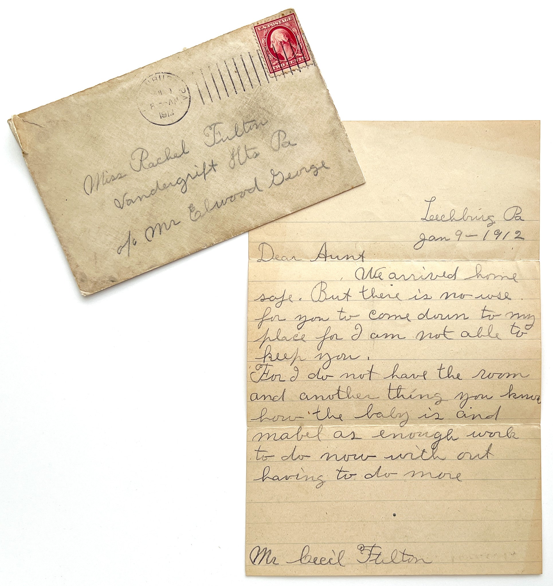 1912 letter from a new father begging his Aunt to please not come visit