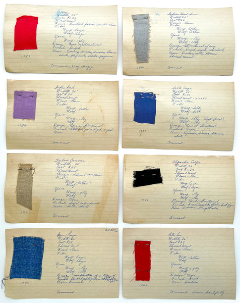 Collection of 20 mounted apparel fabric swatches, 1938-1942