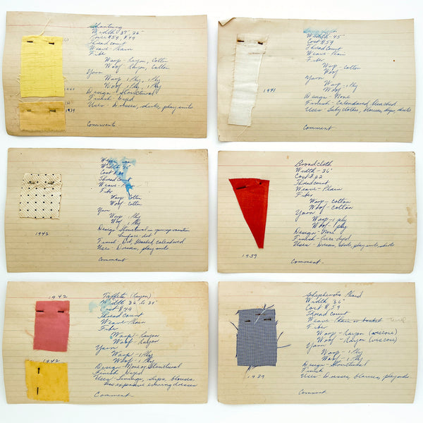 Collection of 20 mounted apparel fabric swatches, 1938-1942