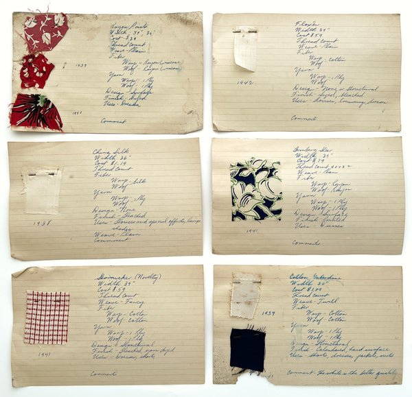 Collection of 20 mounted apparel fabric swatches, 1938-1942