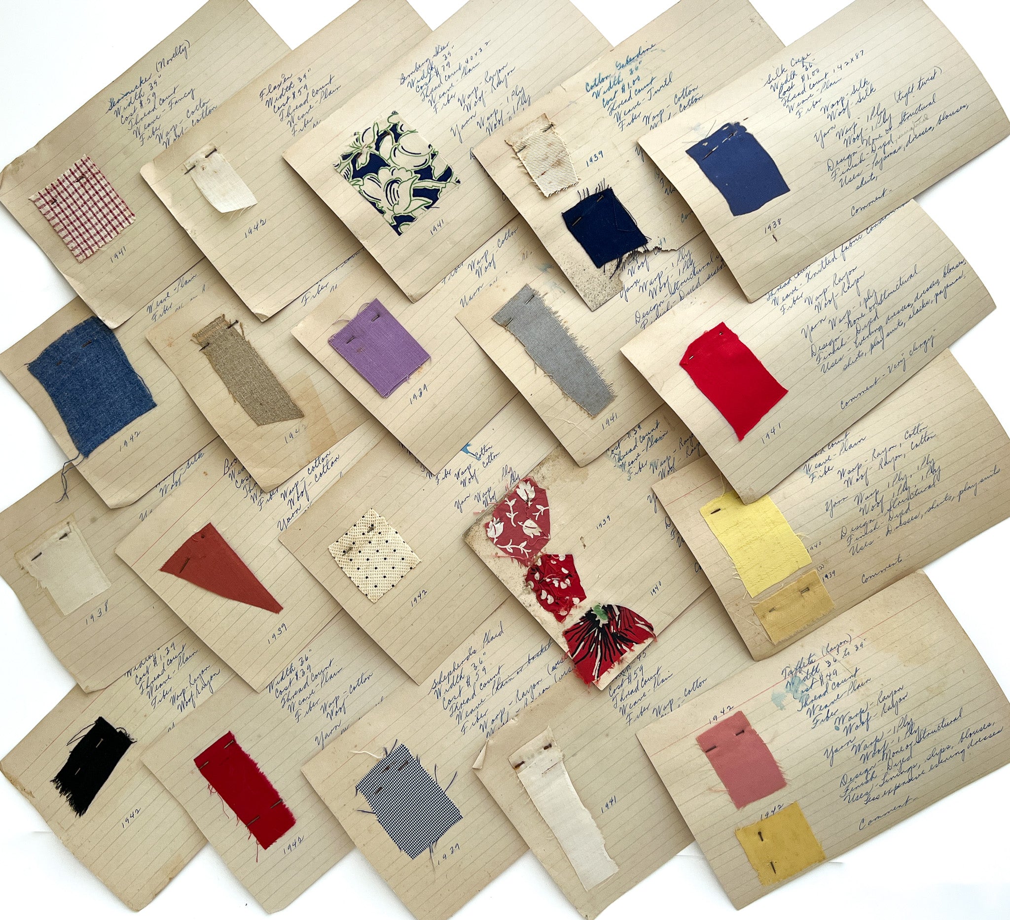 Collection of 20 mounted apparel fabric swatches, 1938-1942