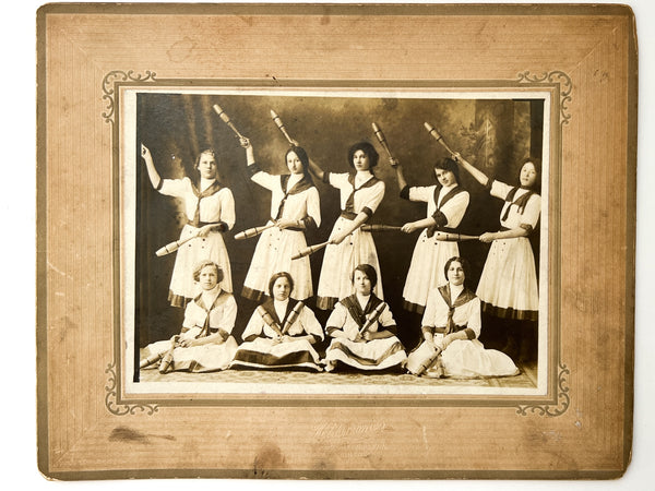Group photo of teenage girls in an "Indian Club Swinging" troupe, Chicago ca. 1910-20