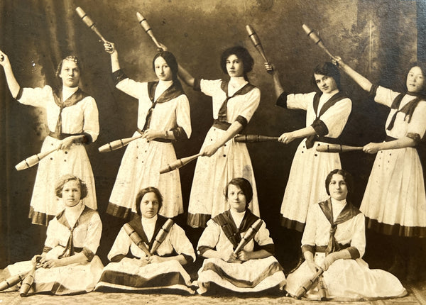Group photo of teenage girls in an "Indian Club Swinging" troupe, Chicago ca. 1910-20