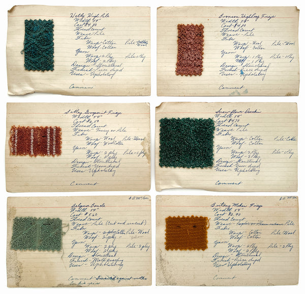 Collection of 12 mounted upholstery fabric swatches, ca. 1940s