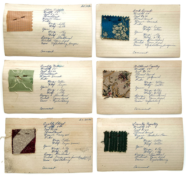 Collection of 12 mounted upholstery fabric swatches, ca. 1940s