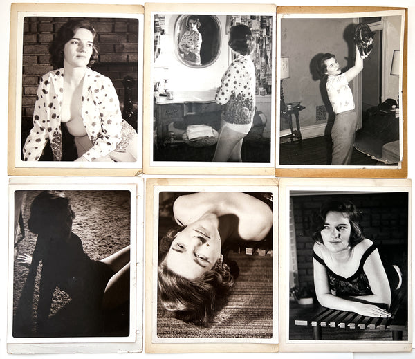 12 photographs of the same woman in various stages of enthusiasm and undress