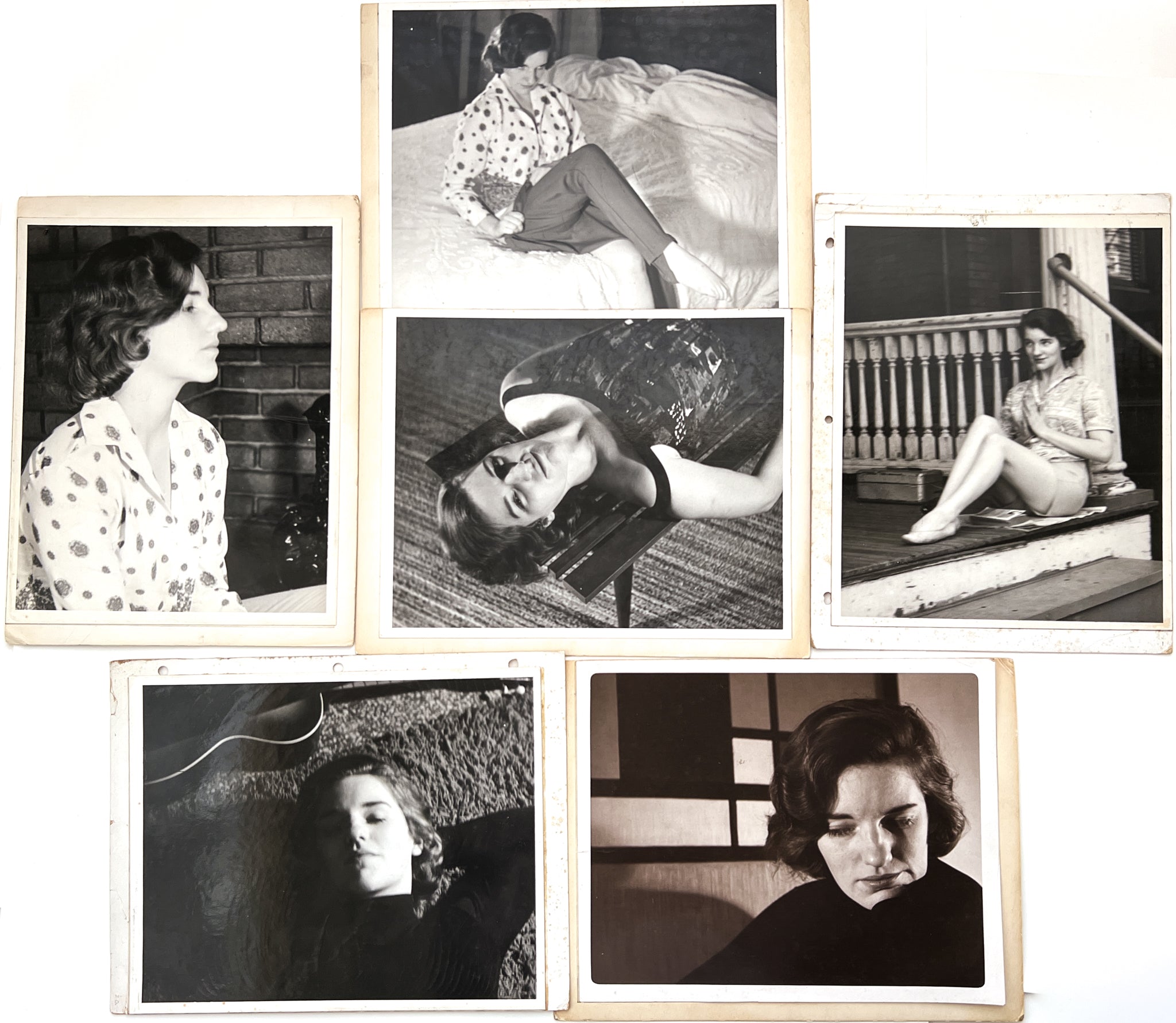 12 photographs of the same woman in various stages of enthusiasm and undress