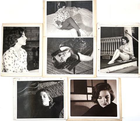 12 photographs of the same woman in various stages of enthusiasm and undress