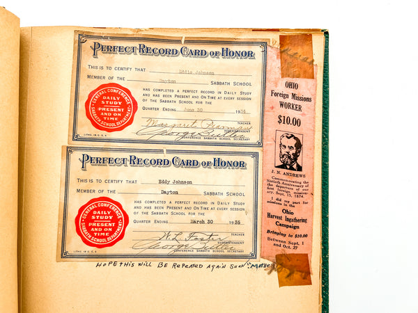 1939 Mount Vernon Academy student scrapbook with drawings related to Seventh-day Adventist eschatology (plus photos and cartoons and boy stuff)