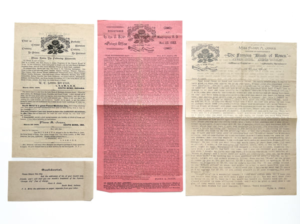 Circulars advertising Flora A. Jones "Blush of Roses" and soliciting women sales agents (4pcs)