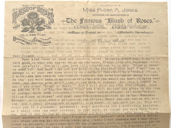 Circulars advertising Flora A. Jones "Blush of Roses" and soliciting women sales agents (4pcs)