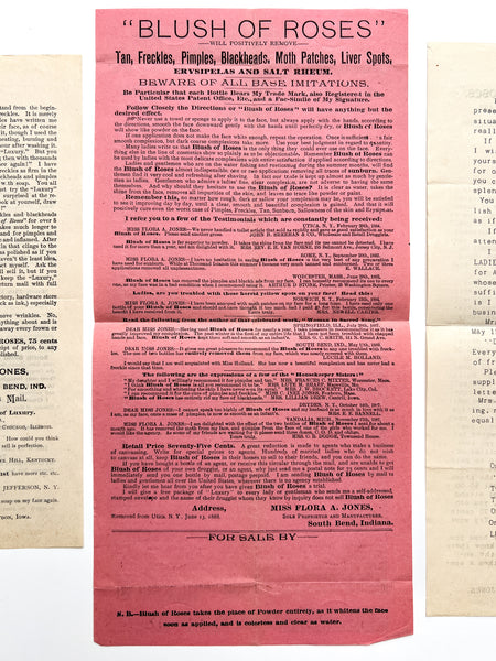Circulars advertising Flora A. Jones "Blush of Roses" and soliciting women sales agents (4pcs)