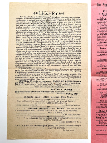 Circulars advertising Flora A. Jones "Blush of Roses" and soliciting women sales agents (4pcs)