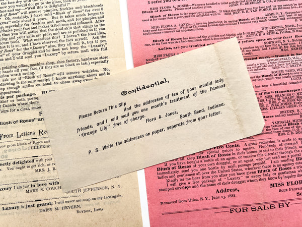 Circulars advertising Flora A. Jones "Blush of Roses" and soliciting women sales agents (4pcs)