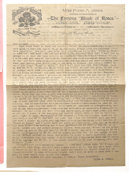 Circulars advertising Flora A. Jones "Blush of Roses" and soliciting women sales agents (4pcs)