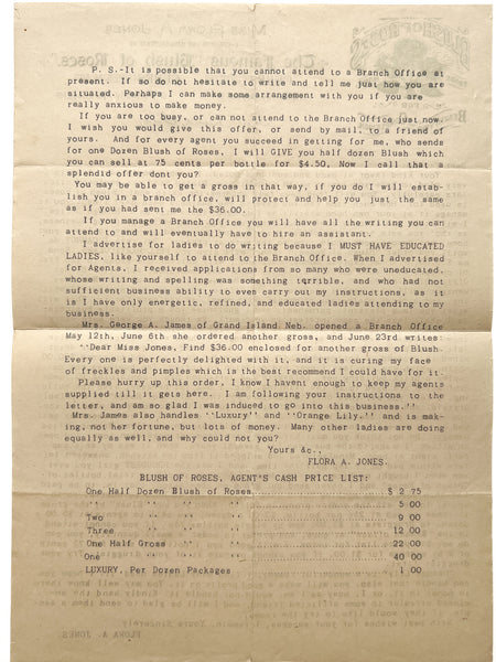 Circulars advertising Flora A. Jones "Blush of Roses" and soliciting women sales agents (4pcs)
