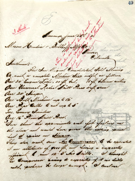 1892 copies of letters by Hendrie & Bolthoff Mfg. Co. representative in Durango, Colorado