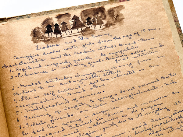 Willa Helwig's handmade portfolio of crafts and leadership notes for her training to be a Guardian in the Camp Fire Girls (with her certificate)