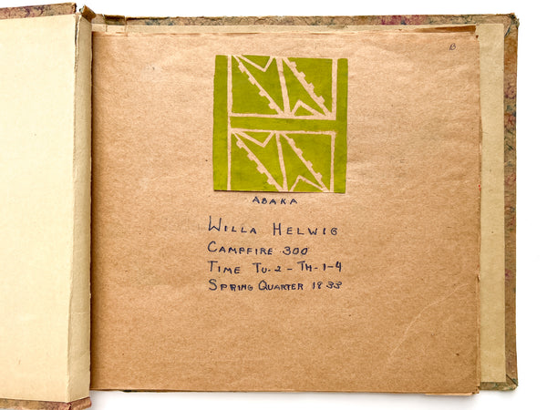 Willa Helwig's handmade portfolio of crafts and leadership notes for her training to be a Guardian in the Camp Fire Girls (with her certificate)