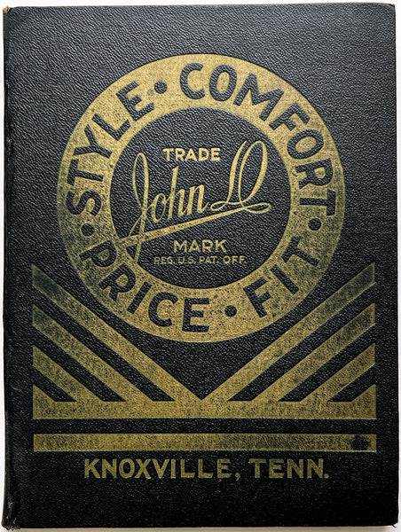 Salesman's sample folio for "John D" custom tailored suits "Style, Comfort, Price, Fit"