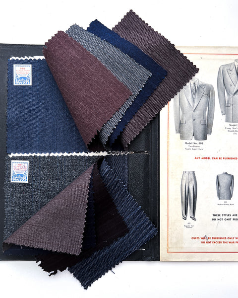 Salesman's sample folio for "John D" custom tailored suits "Style, Comfort, Price, Fit"
