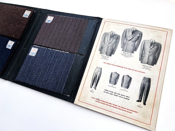 Salesman's sample folio for "John D" custom tailored suits "Style, Comfort, Price, Fit"