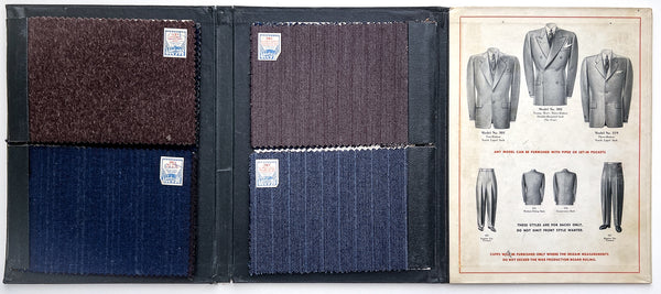 Salesman's sample folio for "John D" custom tailored suits "Style, Comfort, Price, Fit"
