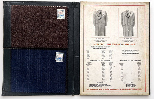 Salesman's sample folio for "John D" custom tailored suits "Style, Comfort, Price, Fit"