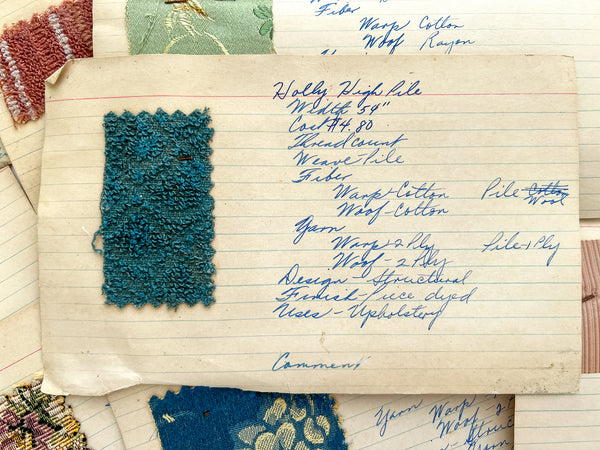 Collection of 12 mounted upholstery fabric swatches, ca. 1940s