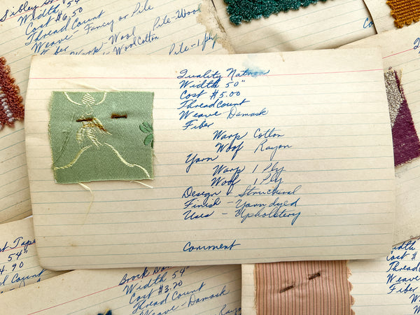 Collection of 12 mounted upholstery fabric swatches, ca. 1940s