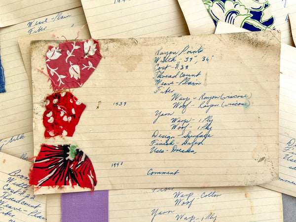 Collection of 20 mounted apparel fabric swatches, 1938-1942