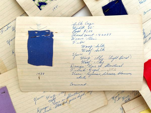 Collection of 20 mounted apparel fabric swatches, 1938-1942