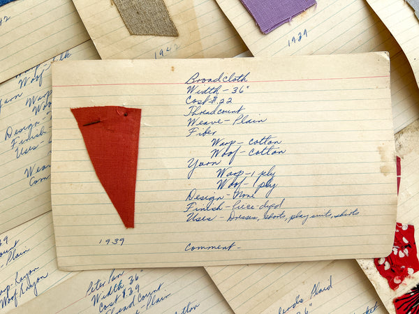 Collection of 20 mounted apparel fabric swatches, 1938-1942