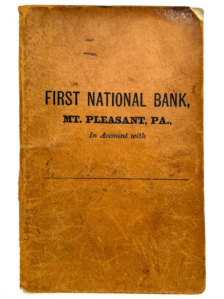 William Mann leather account book produced for First National Bank, Mt. Pleasant, Pa.