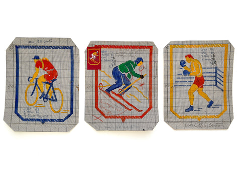 Boxer, biker, skier: trio of point paper designs for label weaving