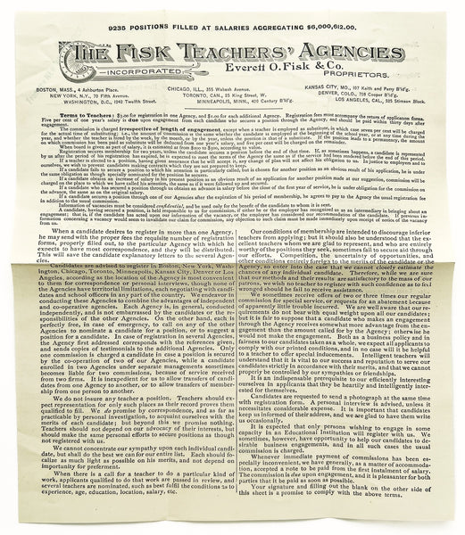 Manual of the Fisk Teachers' Agencies 1896 [with] teacher registration form