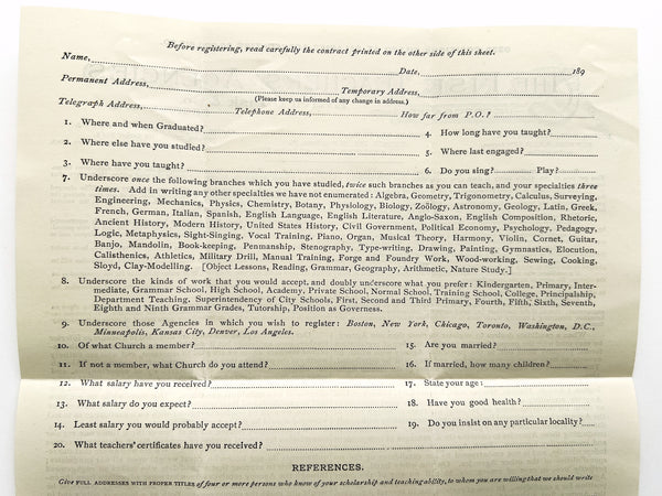 Manual of the Fisk Teachers' Agencies 1896 [with] teacher registration form