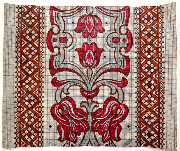 Large hand-painted tulip motif "check paper" pattern for Jacquard woven tapestry, France 1910