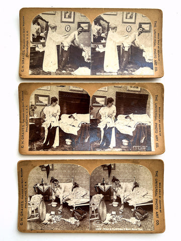 Three [3] bawdy Universal Photo Art Co. photographic stereoview cards