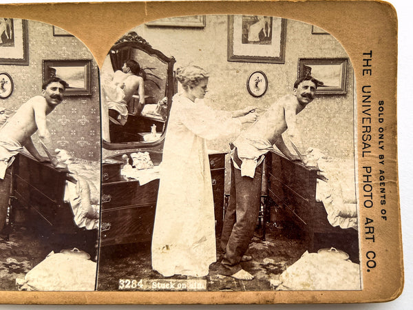 Three [3] bawdy Universal Photo Art Co. photographic stereoview cards